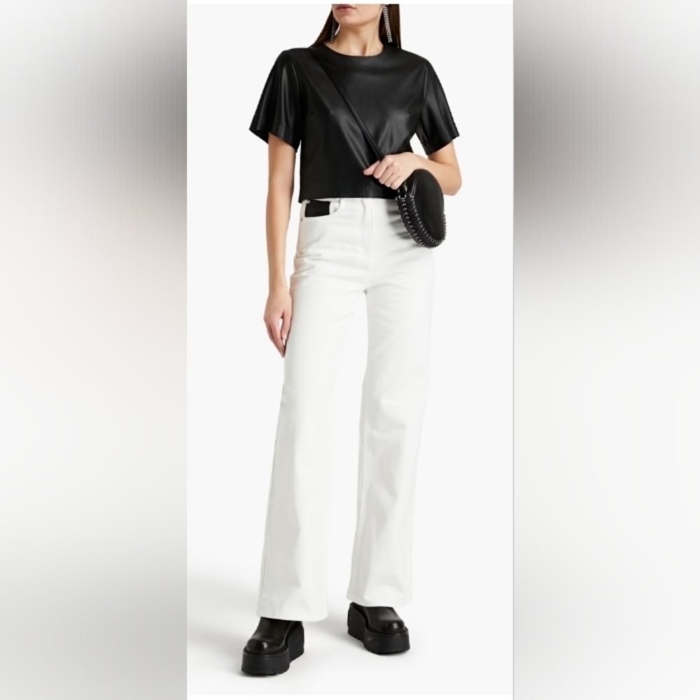 Paco rabanne flare leg jeans with leather accents .
